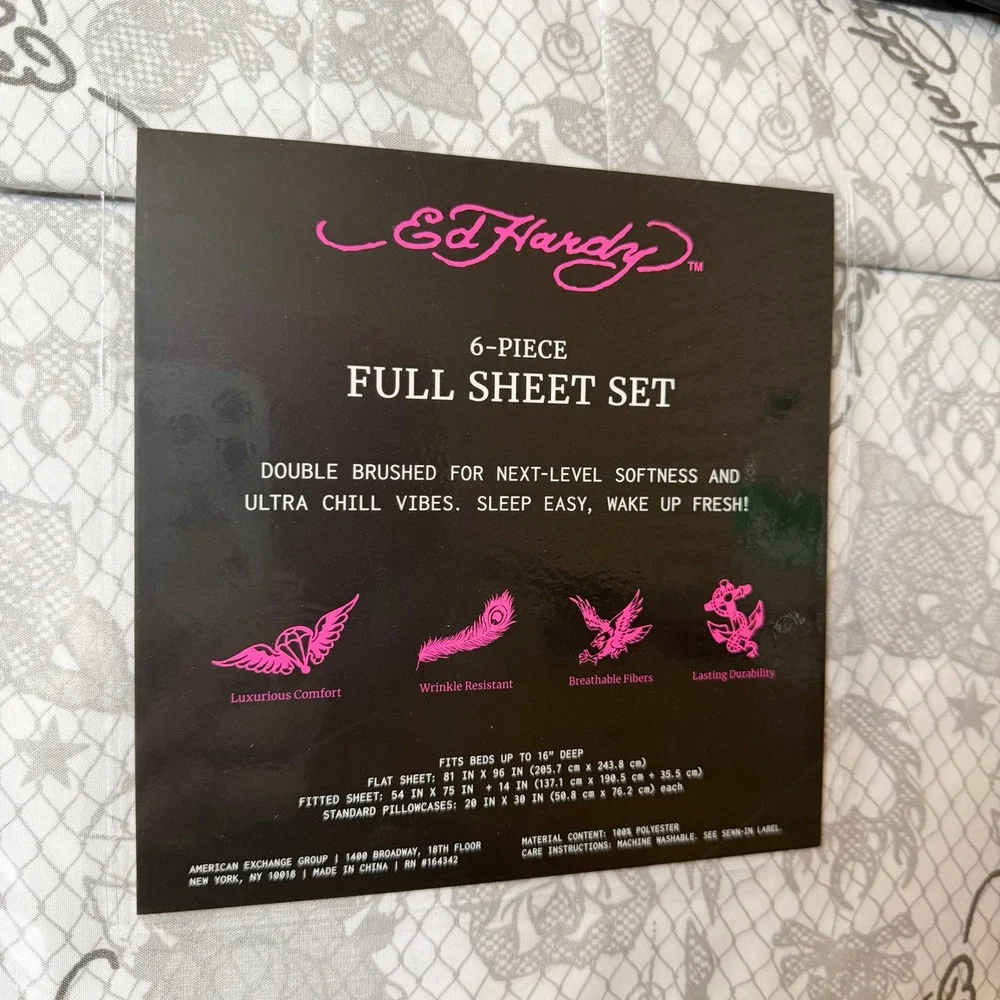 New Ed Hardy Full 6 Pc Double Brushed Sheet Set White Grey Fishnet Bedding Y2K